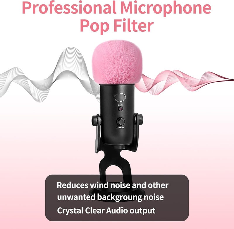 JYUVICT Microphone Pop Filter for Blue Yeti, Yeti Pro, Yeti X, Nano, AM8, Solocast and More USB Mics, ASMR Microphone Windscreen Muff, Furry Mic Cover Foam for Wind and Ambient Noise Reduction, Pink - Image 3